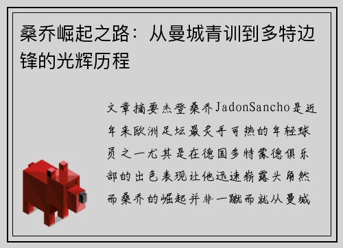桑乔崛起之路:从曼城青训到多特边锋的光辉历程 桑乔崛起之路:从曼城青训到多特边锋的光辉历程