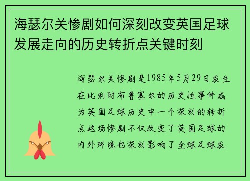 海瑟尔关惨剧如何深刻改变英国足球发展走向的历史转折点关键时刻